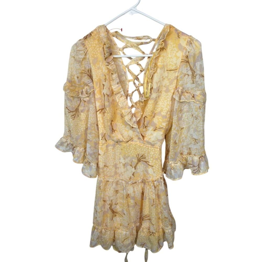 Saints + Secrets Yellow Floral Lace-Up Flare Sleeve Midi Dress Size 6
